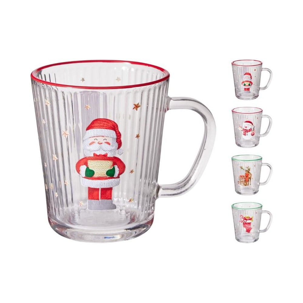 TAZZA VETRO RIGHE NATALE H.10.5 4 ASSORTITI